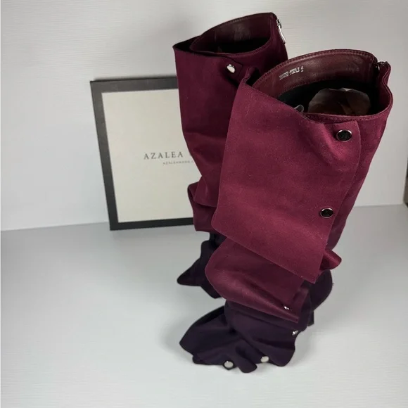 Azalea Wang Imogine Purple Ruched Knee High Boots Stud Snap Stiletto Multiple Sz - Picture 5 of 7